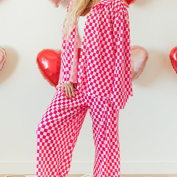 Pink Checkered Buttoned Shirt and High Waist Pants Pajama Set - Picture 14 of 16